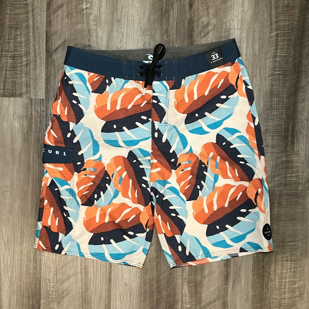Rip Curl Orange Blue Navy Leaf Print Board Shorts